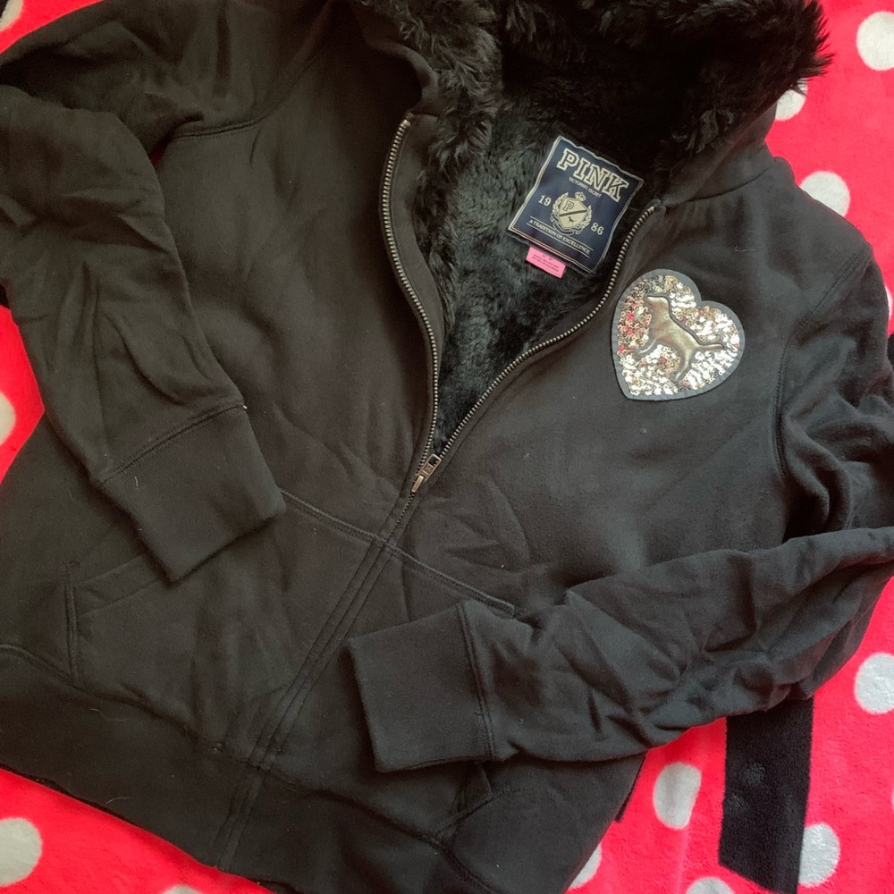 RARE SEQUINED FAUX FUR LINED PINK Victoria's Secret Black Hoodie New No tags - Picture 3 of 6